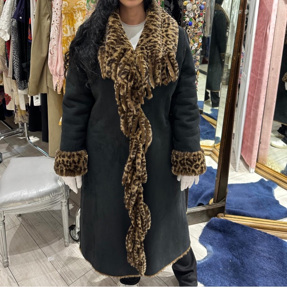 Balmain Black Coat with Leopard Print Trim